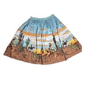 Western Desert Novelty Print Mini Skirt Cowboys Cactus Blue Festival Stagecoach